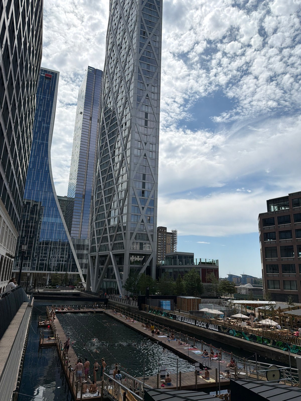 Open-water swimming in Canary Wharf's dock on a summer afternoon