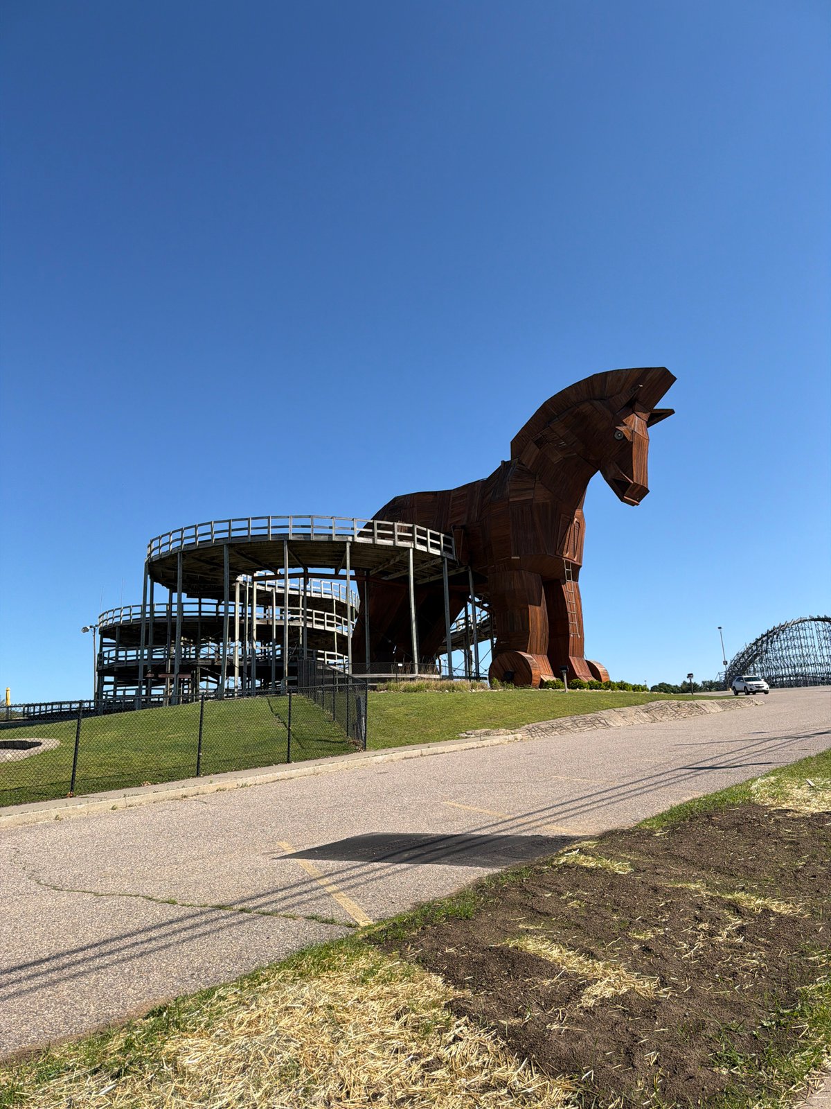 Wooden Trojan horse sculpture documented in Lake Delton, Wisconsin