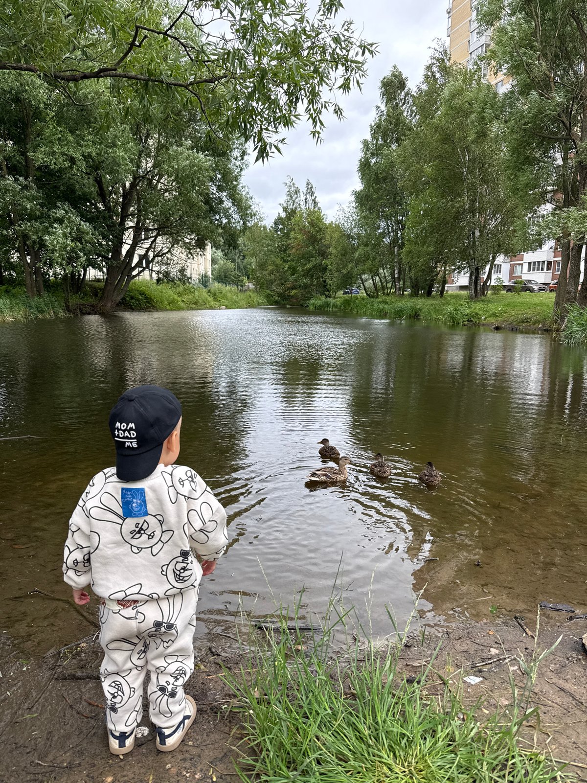 Canal-side morning with ducks and a toddler in Rusanovo