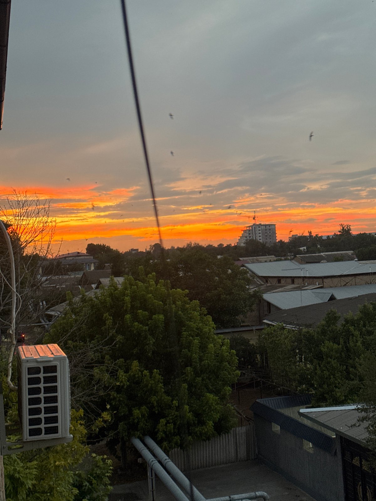 Sunset over Yangiiul rooftops and city streets