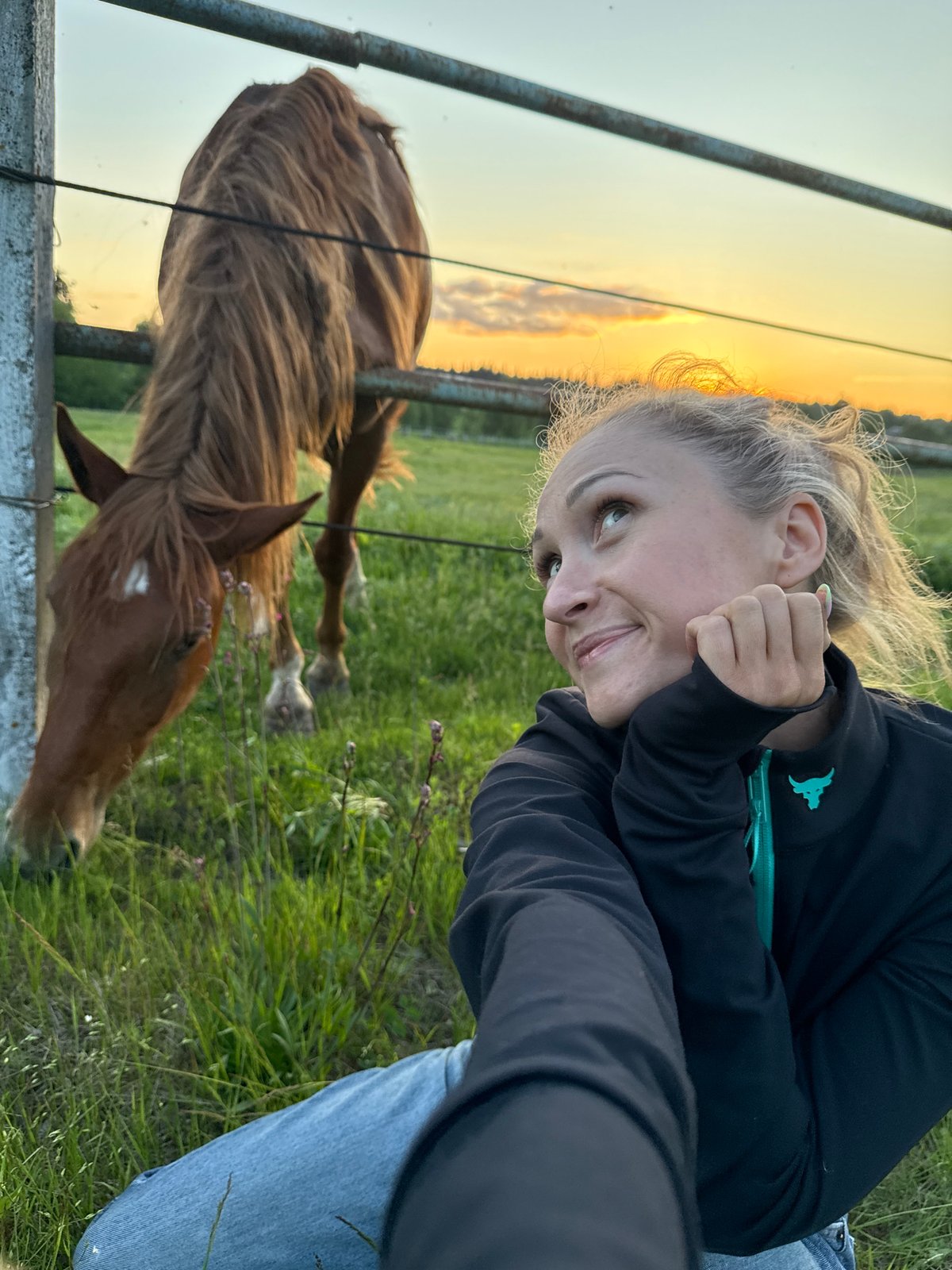 Woman feeds horses at sunset in Russian pasture