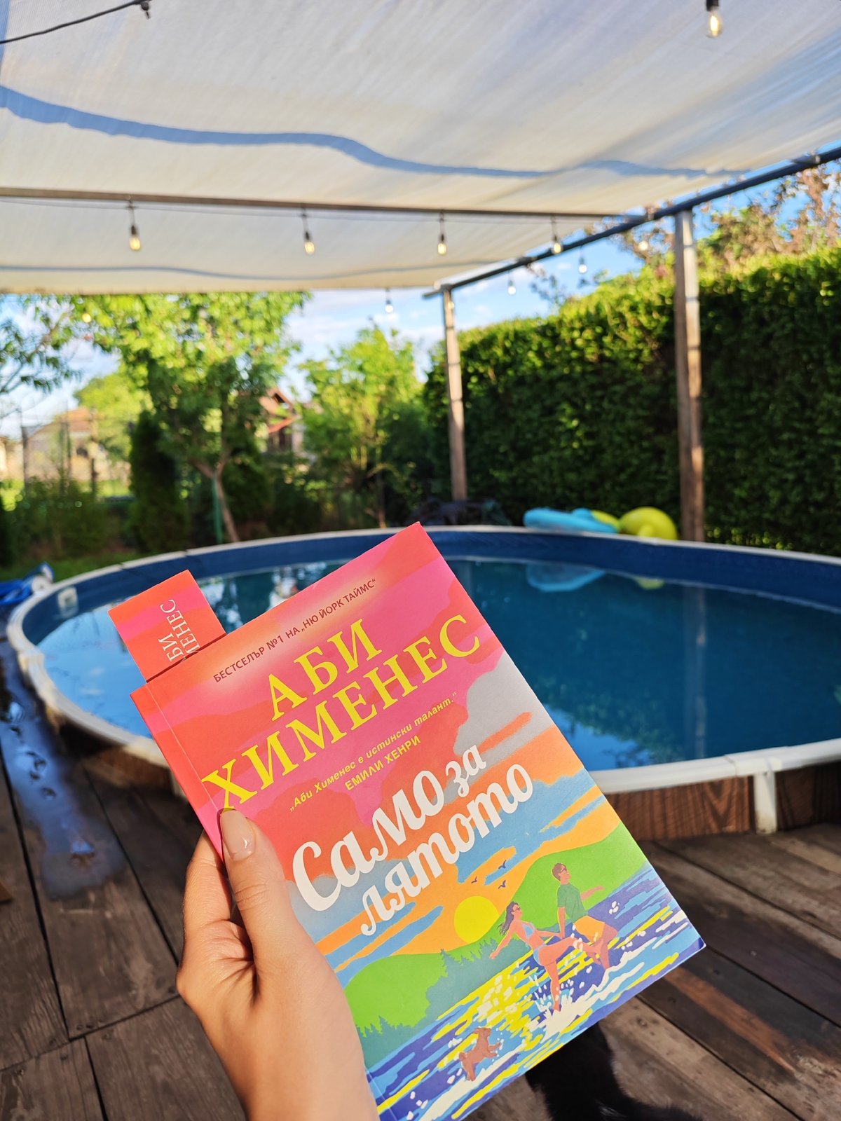Summer reading by the pool, with a cat photobombing