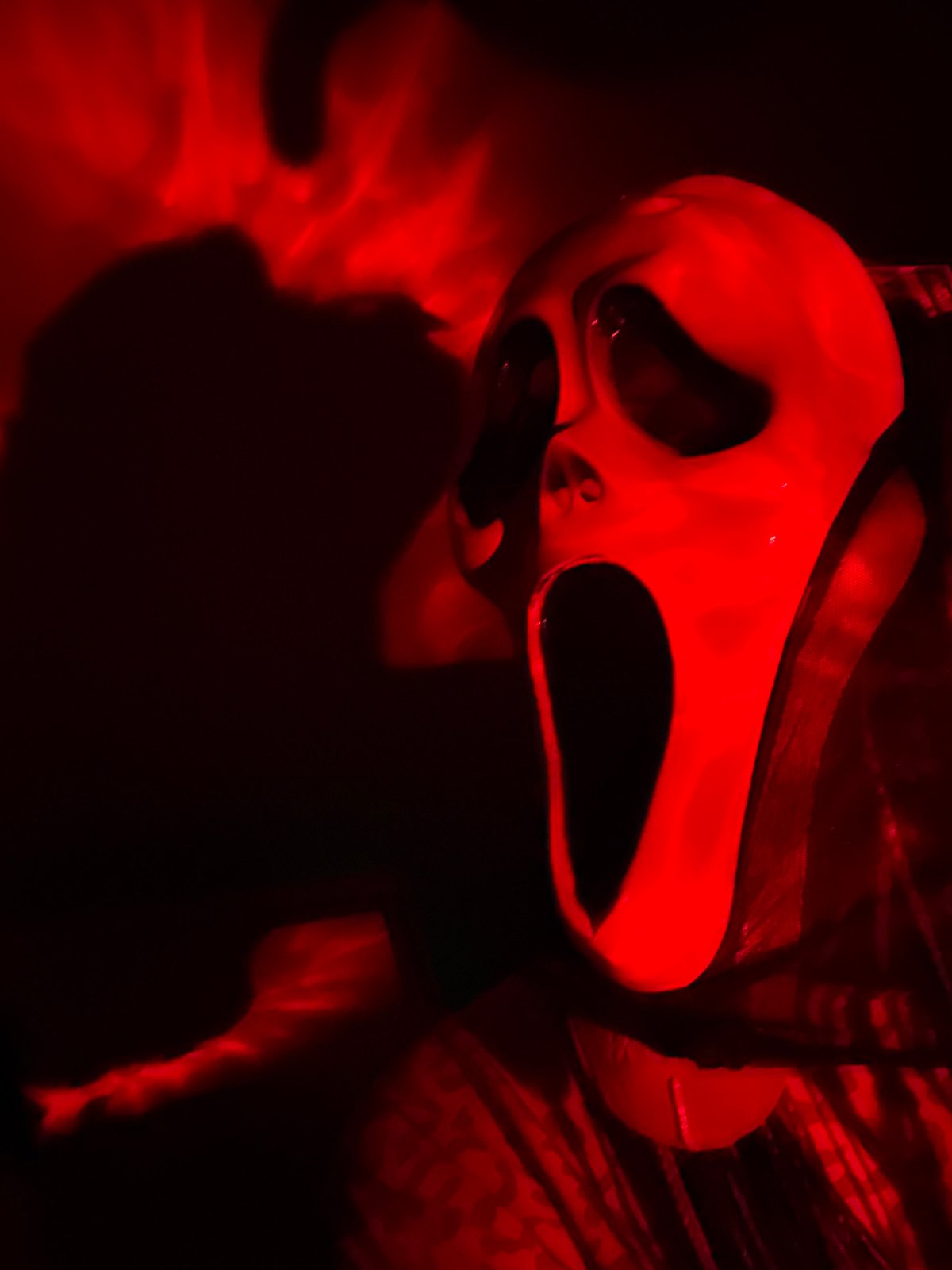 Person photographed wearing animal masks in colored lighting, Rusanovo