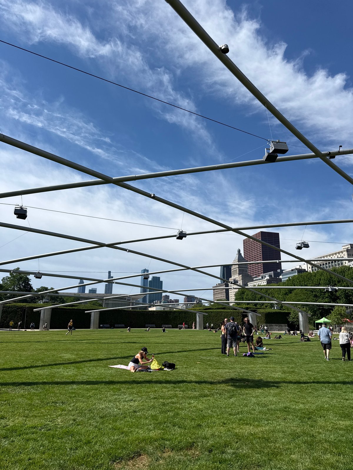 Outdoor yoga class on the lawn at Millennium Park