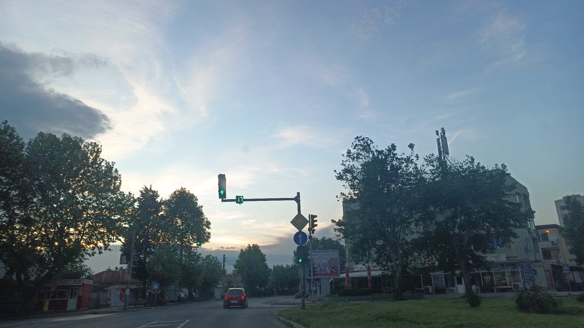 Evening street scenes documented during drive through Aytos, Bulgaria