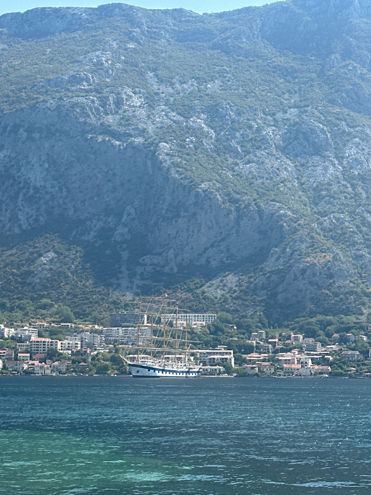 Sailboats and a tall ship on Kotor Bay, Montenegro