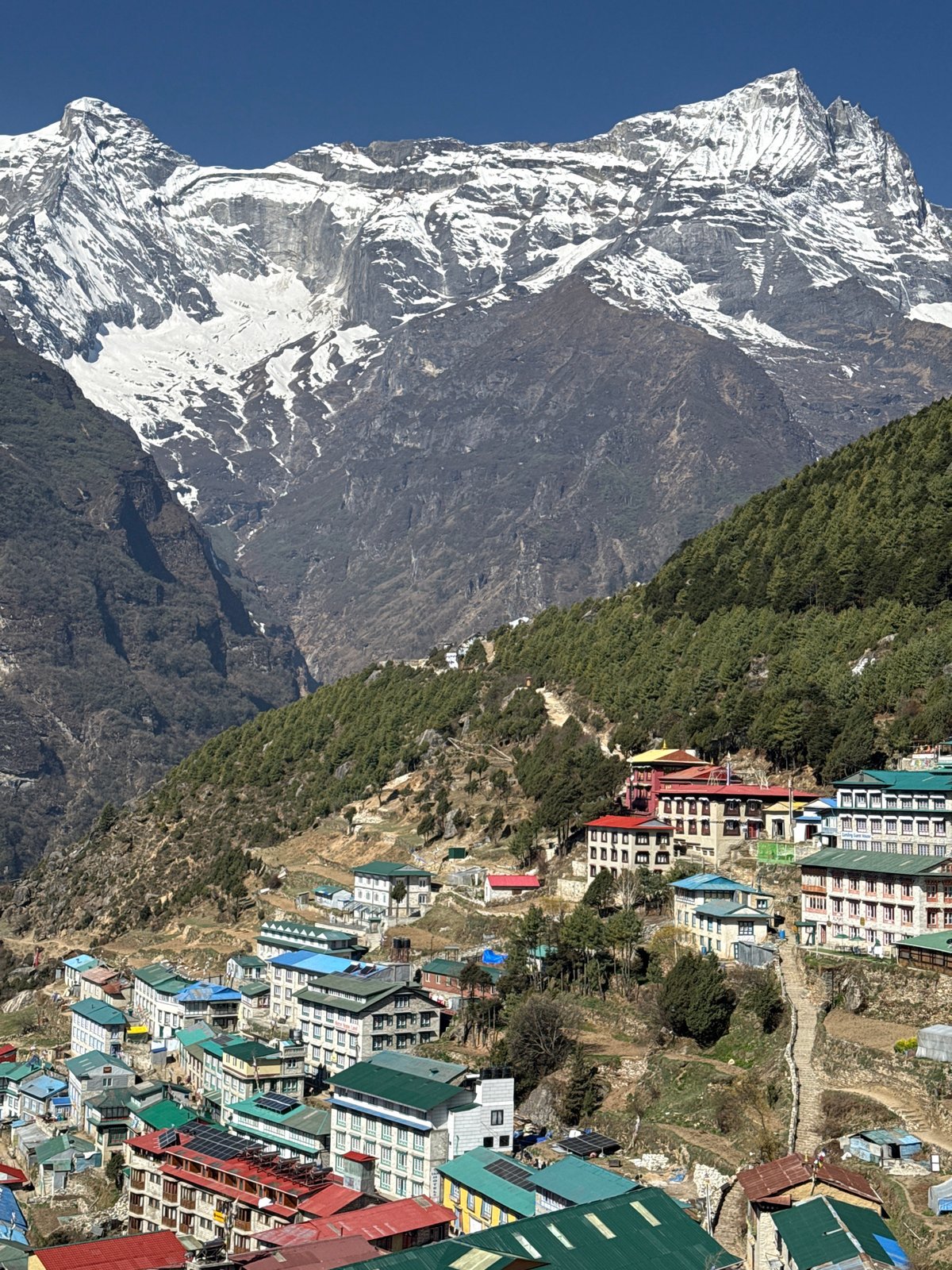 Namche Bazaar photographed against snow-capped Himalayan backdrop