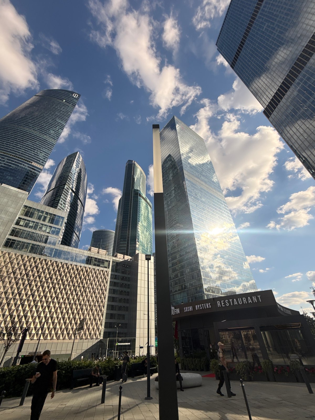 Skyscrapers tower over Khimki in an upward-angle city shot
