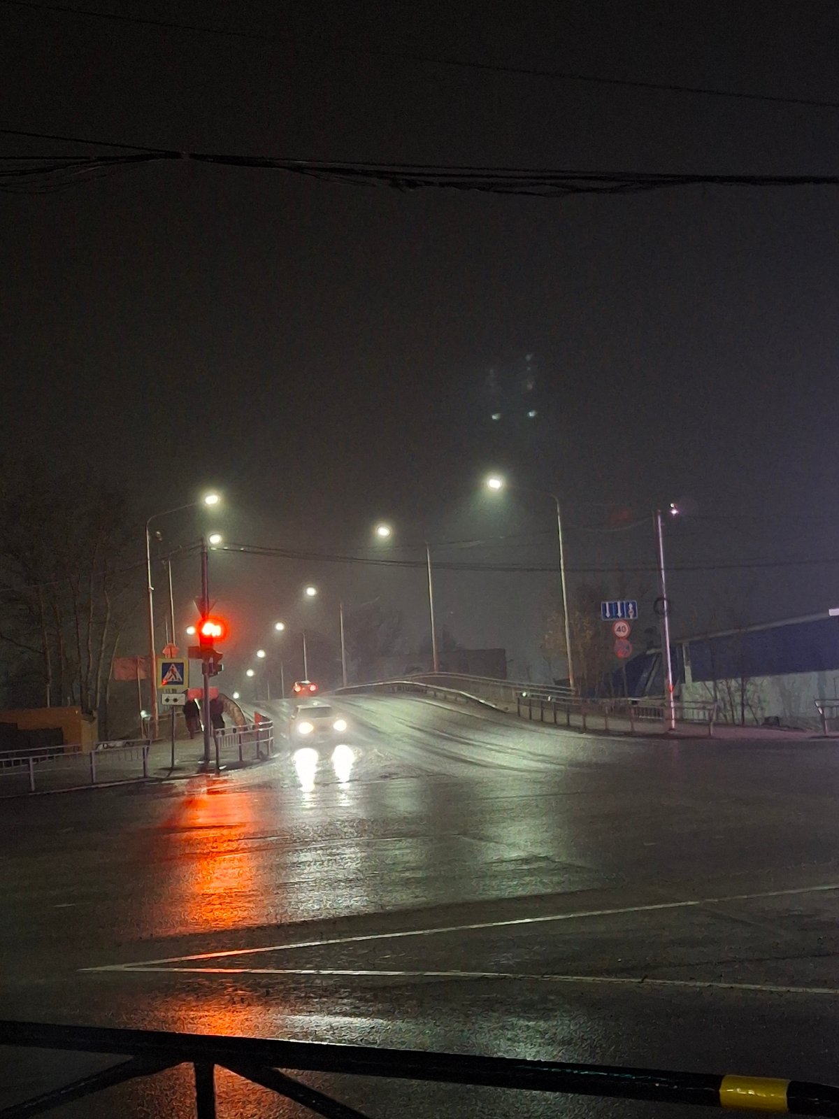 Woman photographs herself on foggy night streets in Chaikovsky