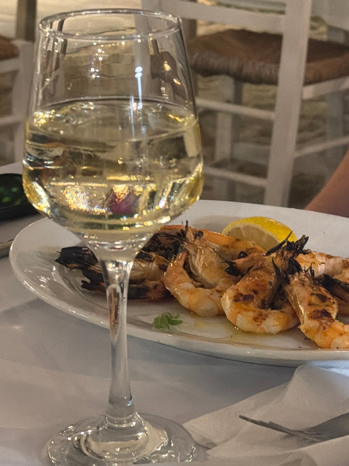 Seafood dinner and white wine on the Sithonia coast