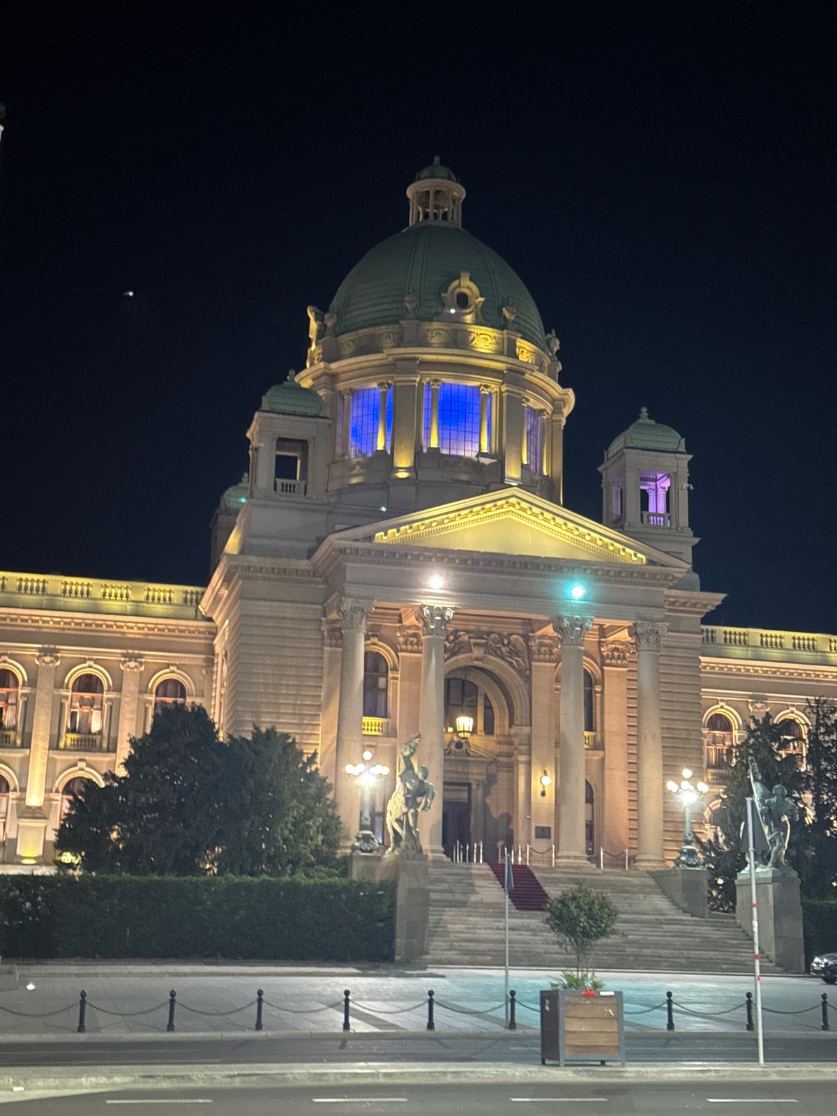 Belgrade's illuminated government buildings documented during evening hours