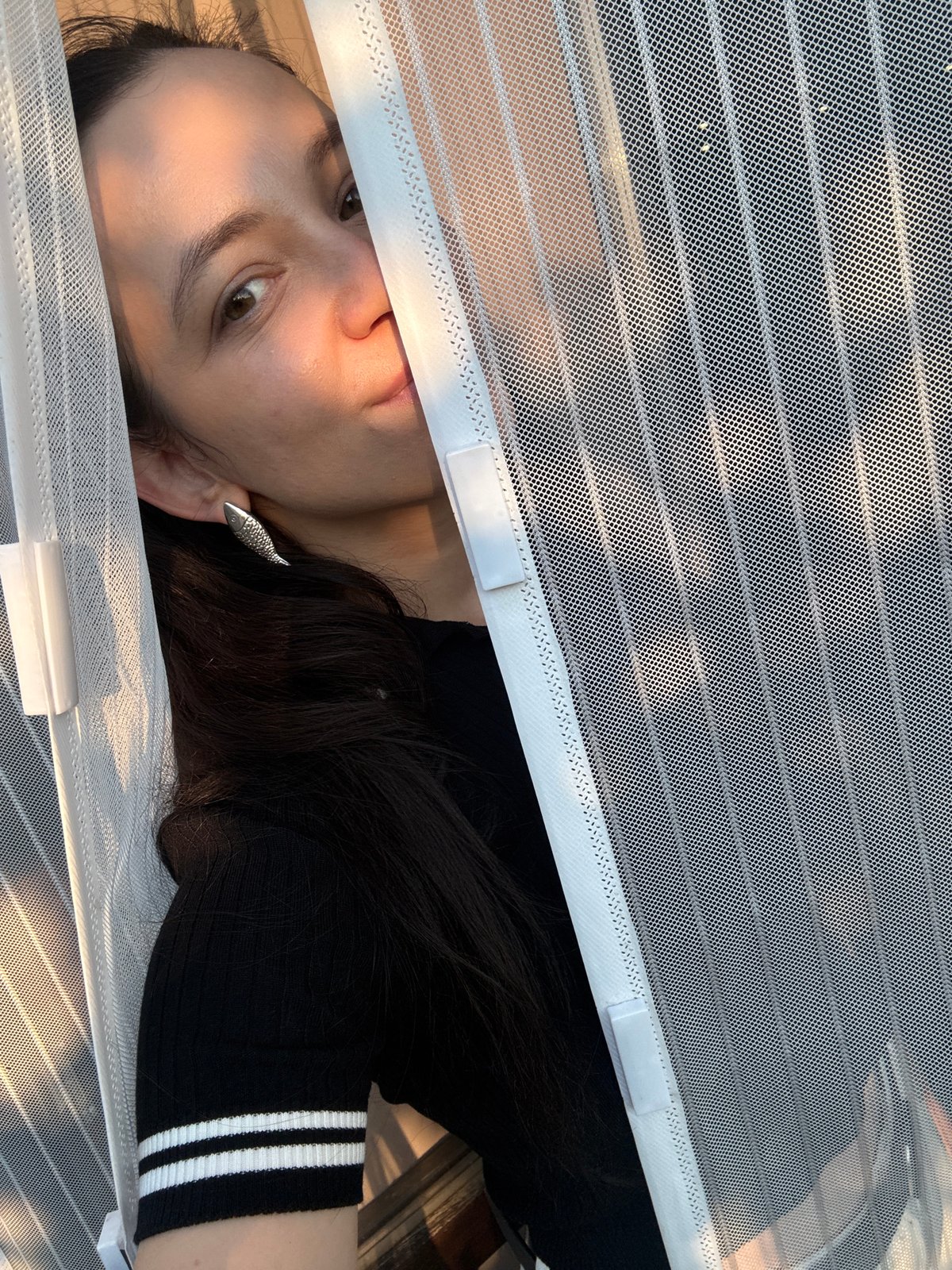 Close-up portrait through a mesh curtain, Chaikovsky