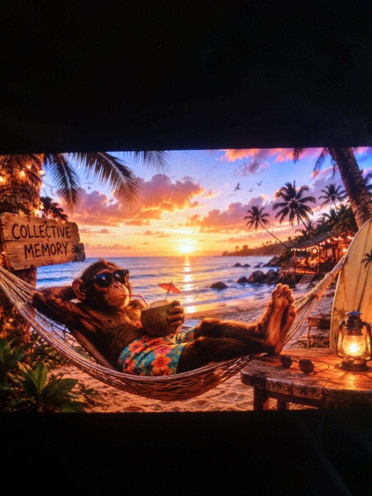 Digital displays show dressed animals in beach scenes