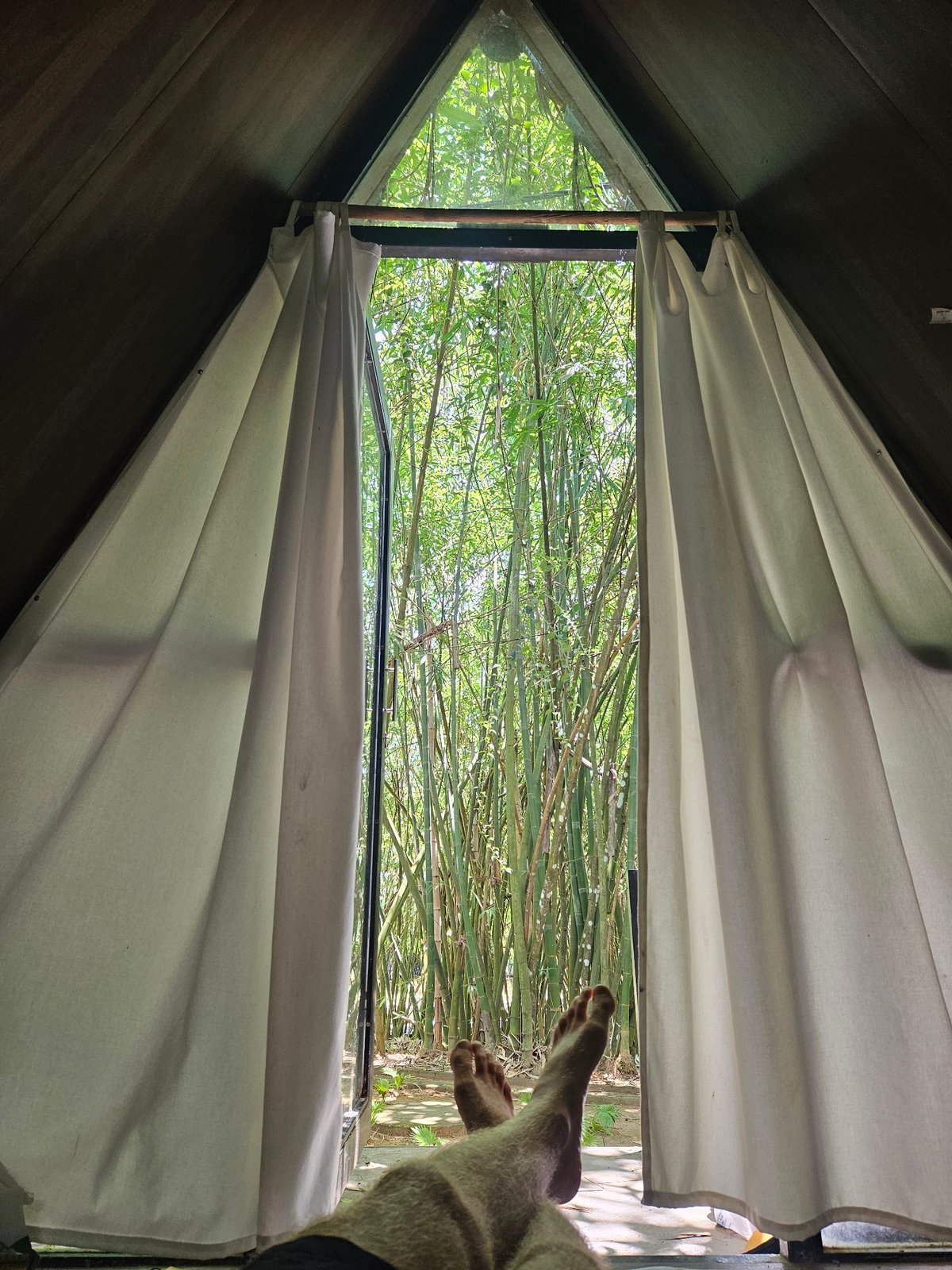 Tourist documents early morning bamboo eco-lodge stay in Vietnam