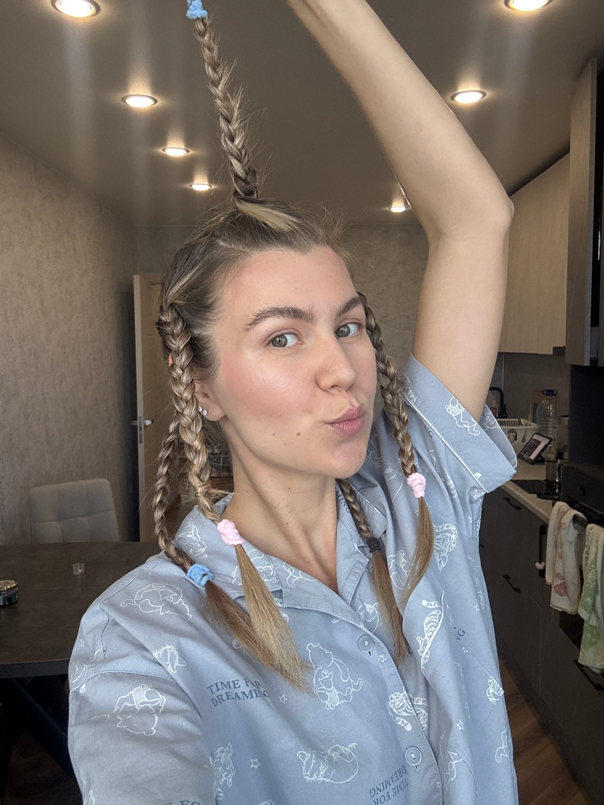 Morning domestic life captured in pajamas, cleaning, pets, cityscape