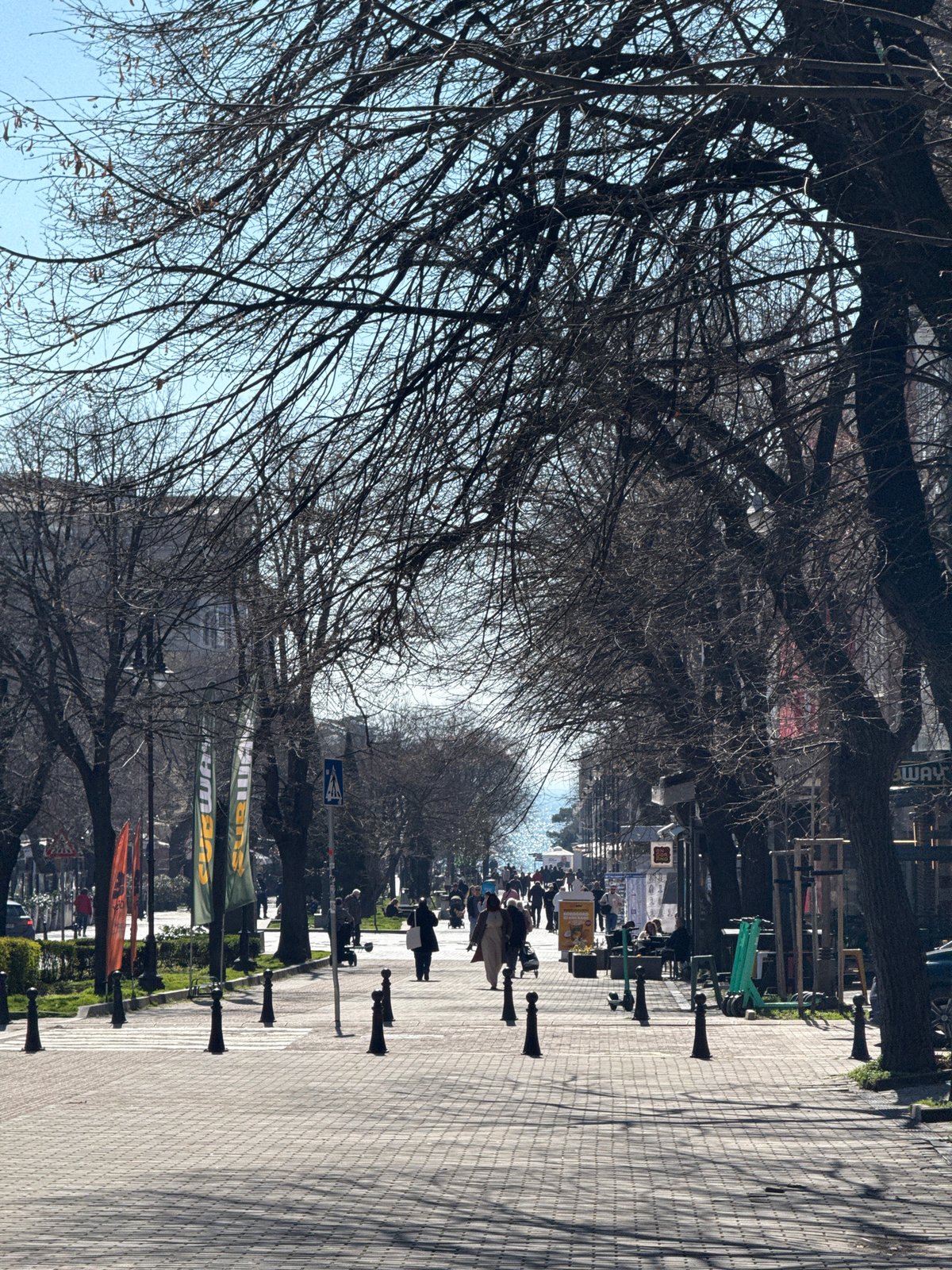 Morning pedestrian street scene documented in Varna, Bulgaria