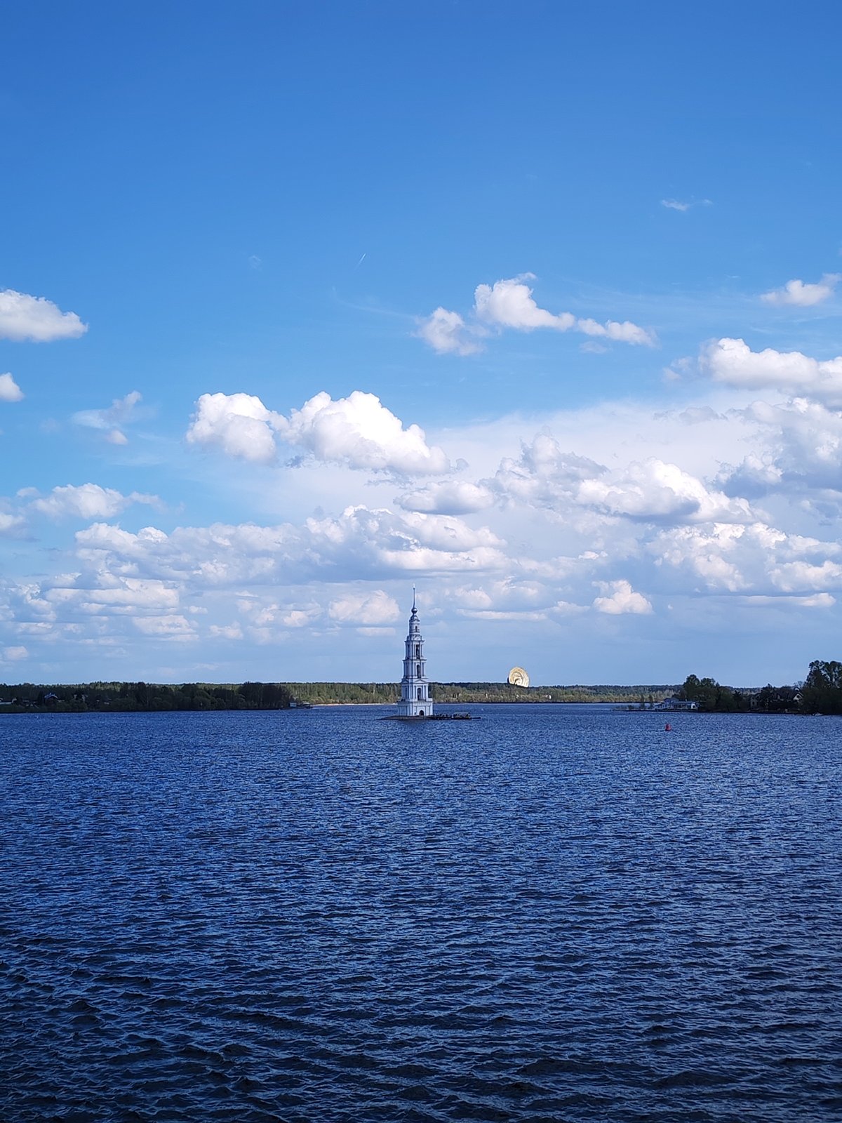 Cruise ships navigate flooded Volga River near Myshkin, Russia