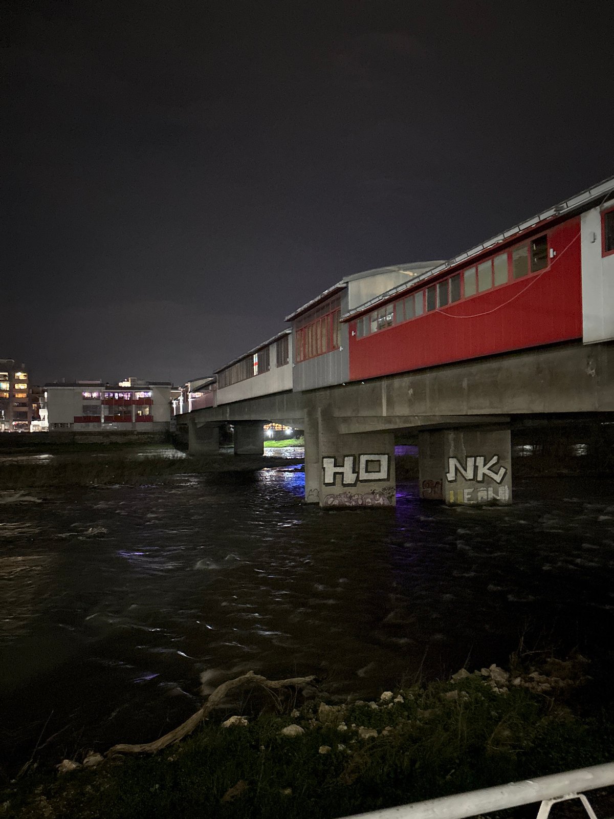 Nighttime scenes captured along Plovdiv's Maritza River and streets