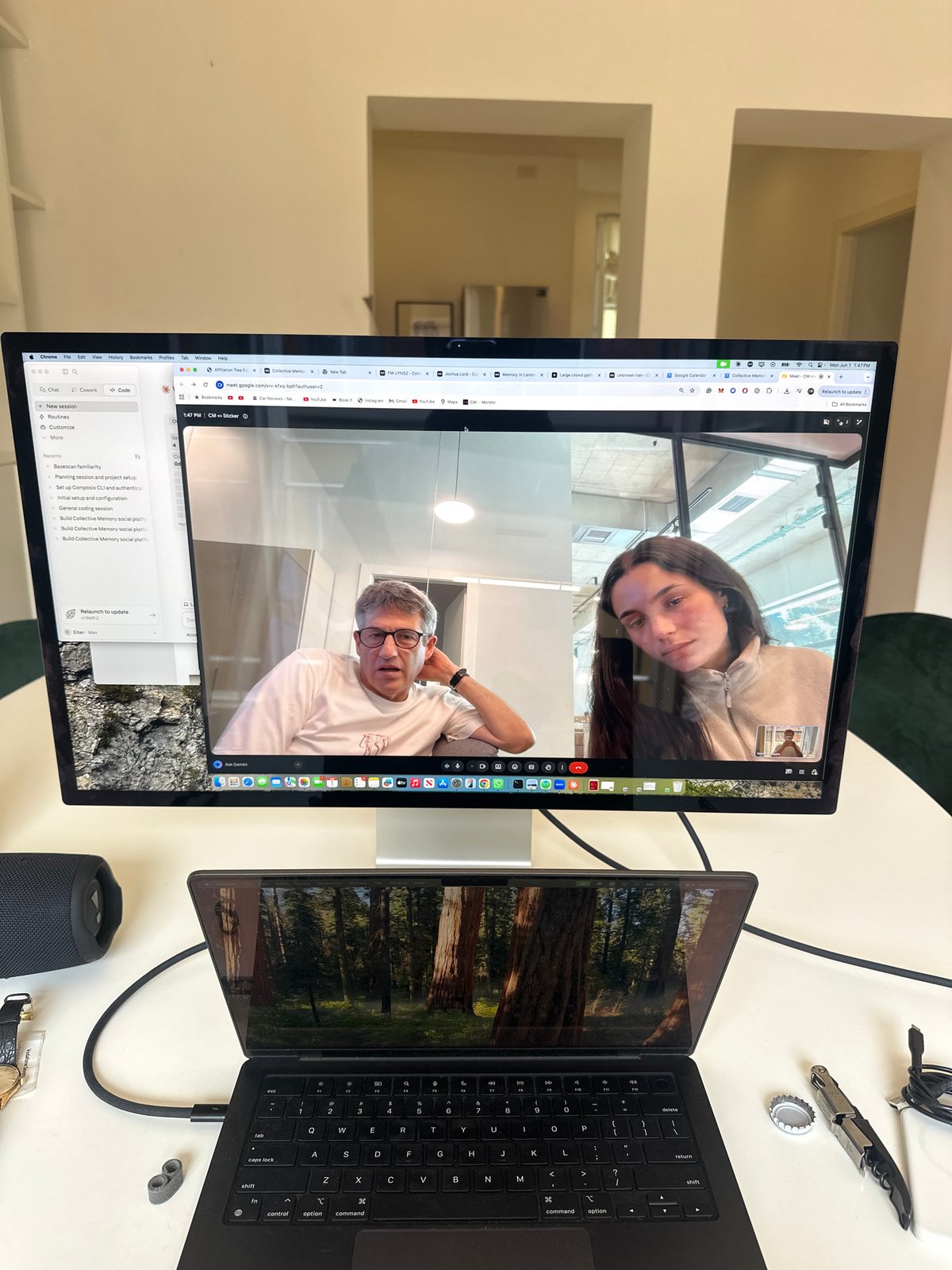 Video call observed on dual screen setup in Milan