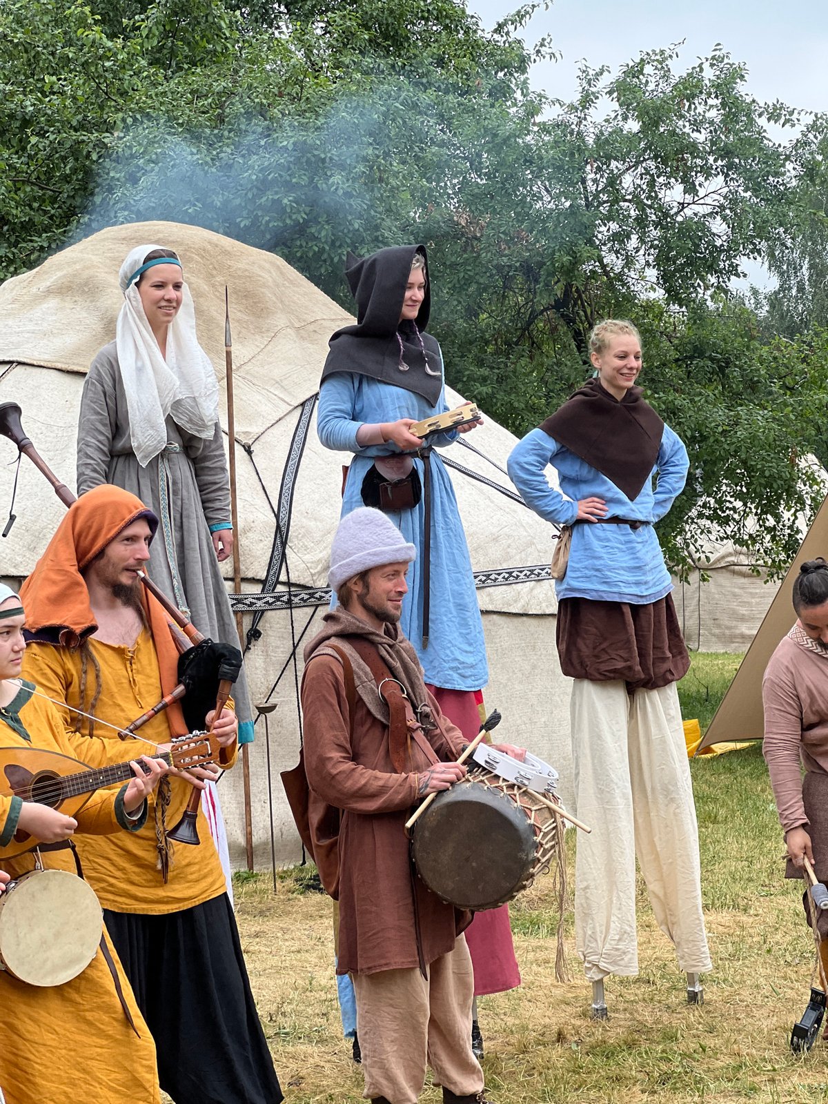 Medieval reenactment festival with stilt performers in Moscow park