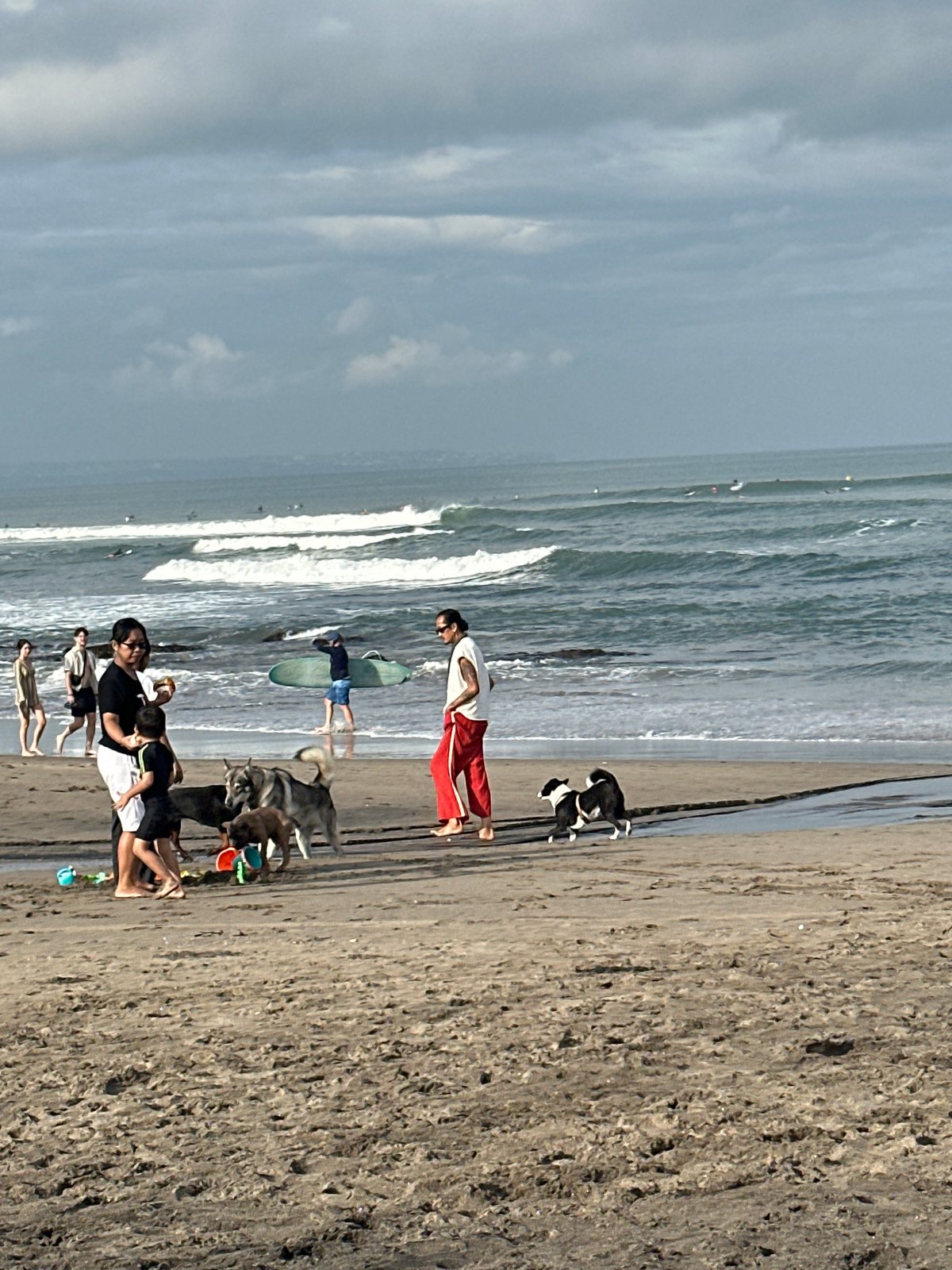 Dogs, families, and café vibes on a North Kuta beach morning