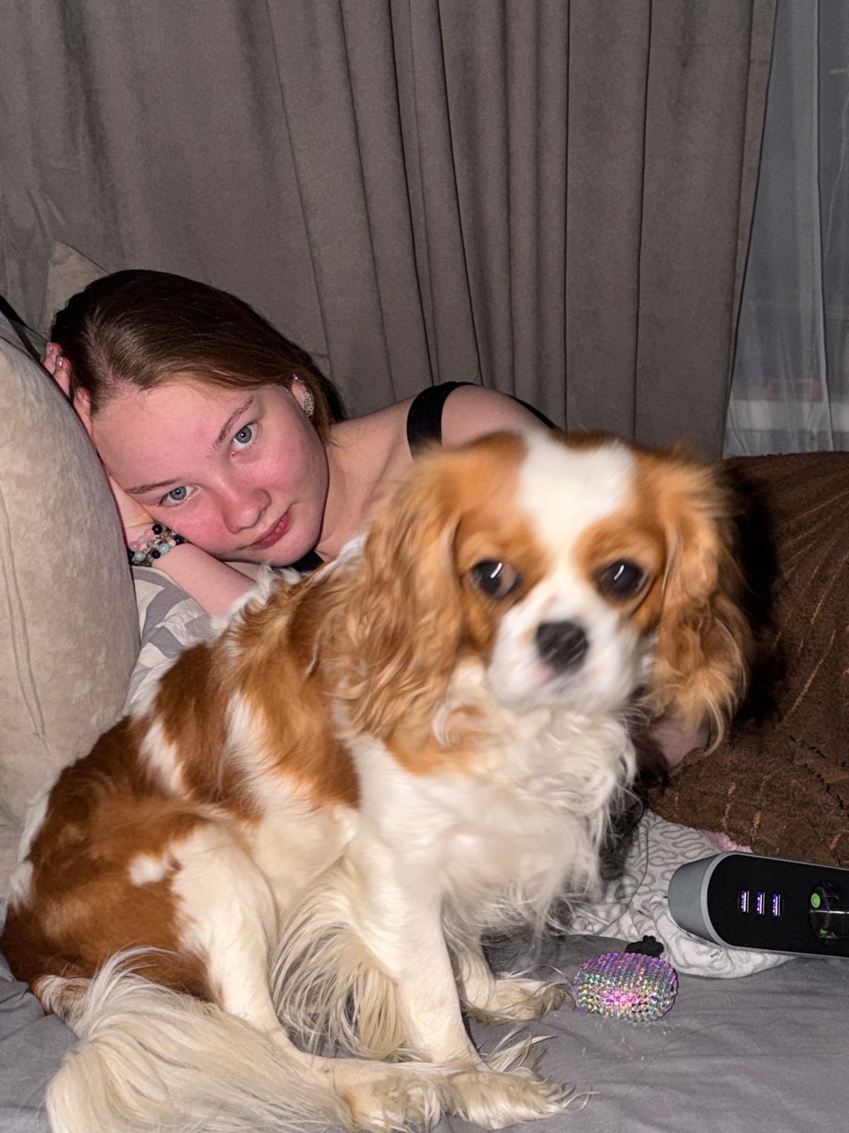 Woman's quiet evening at home with pets in Chaikovsky