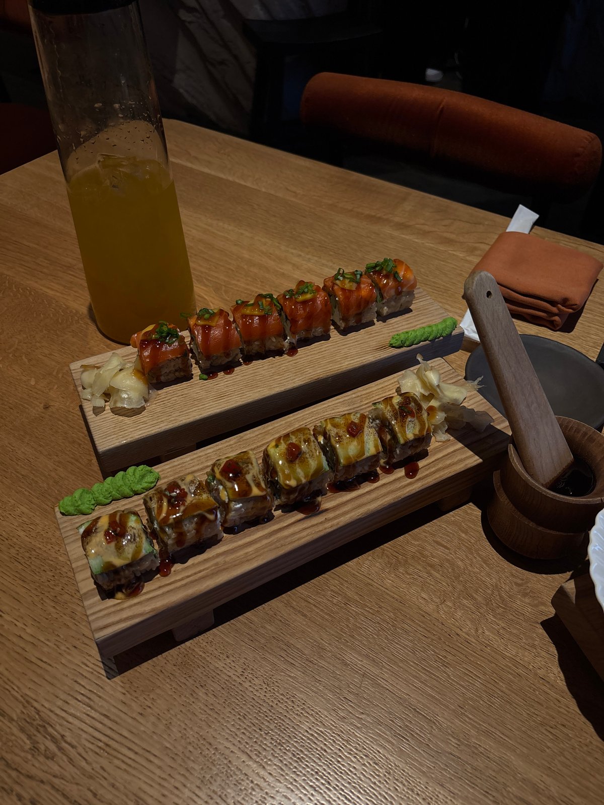 Diner documents extended restaurant meal with sushi, appetizers in Krasnoyarsk
