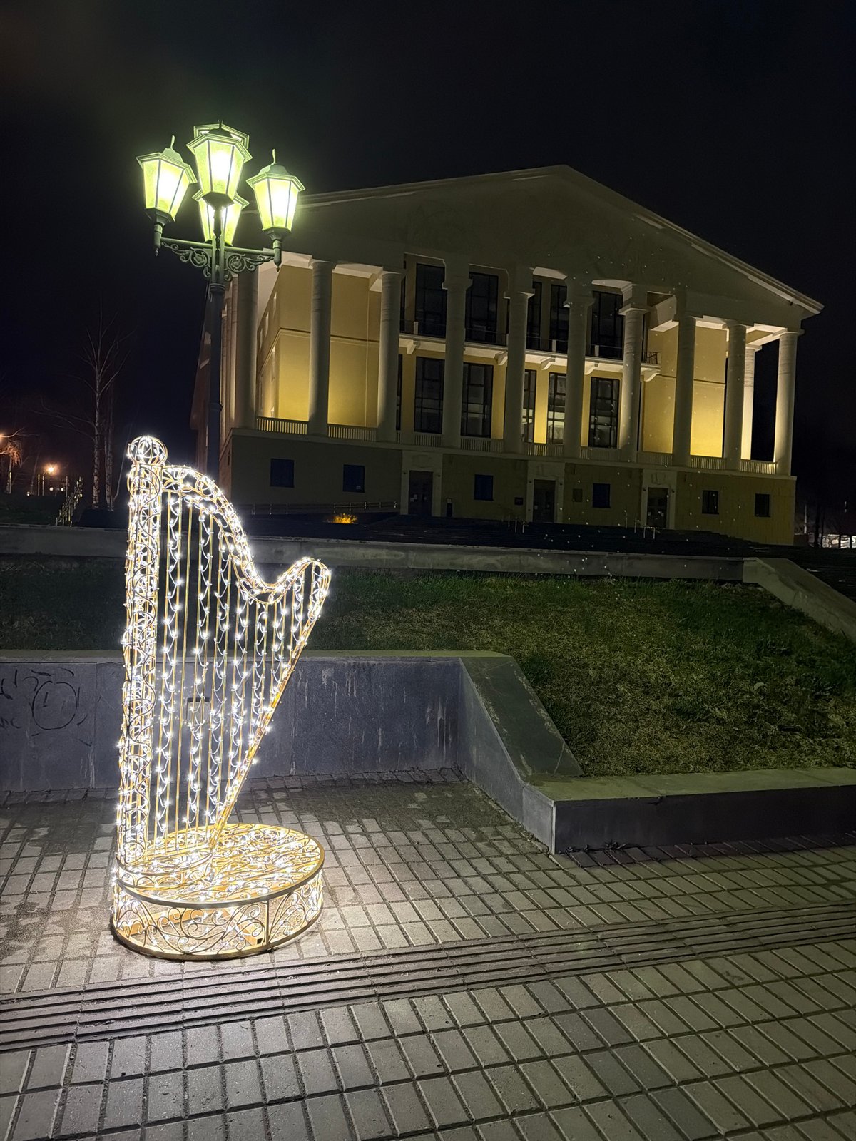 Illuminated musical sculptures displayed along Votkinsk Russia waterfront embankment