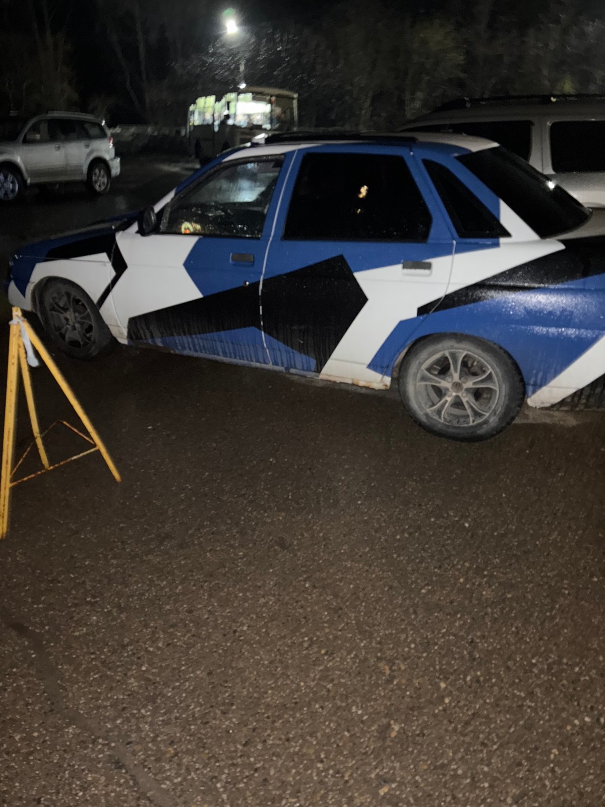Geometric-painted car spotted parked at night in Chaikovsky, Russia