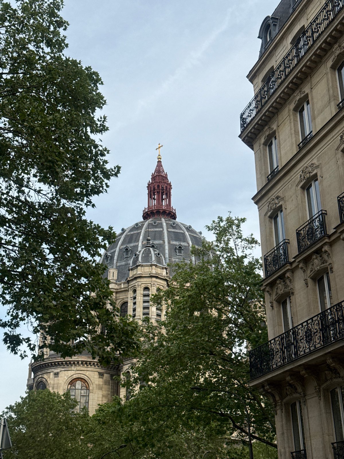 Parisian dome architecture photographed from street level perspective
