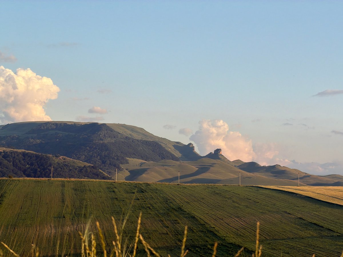 Golden hour across open farmland, wildflowers, and canyon cliffs.
