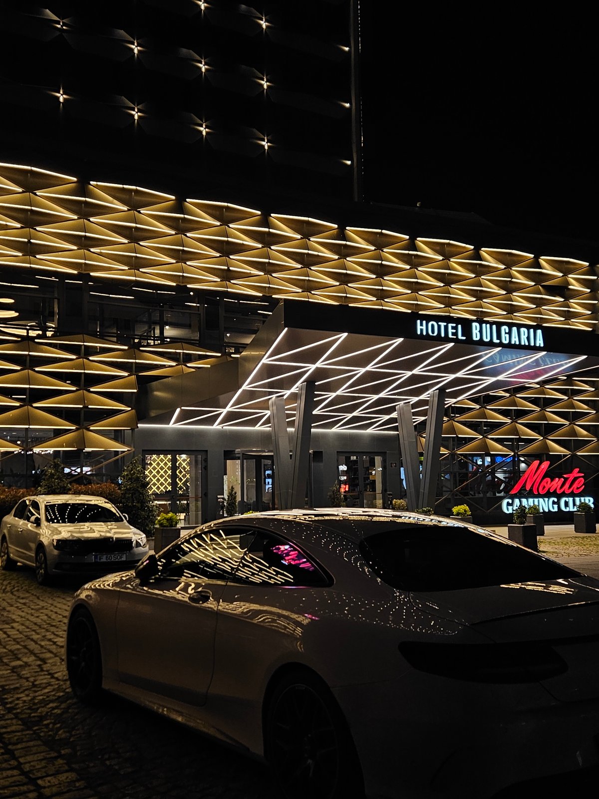 Hotel Bulgaria's geometric light display photographed in Burgas
