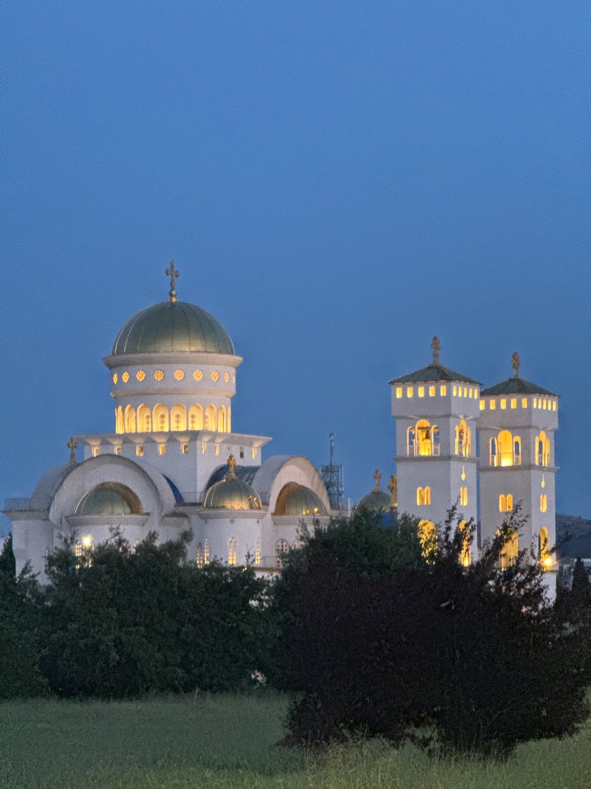 Dusk settles over Bar, Montenegro's cathedral and coastline