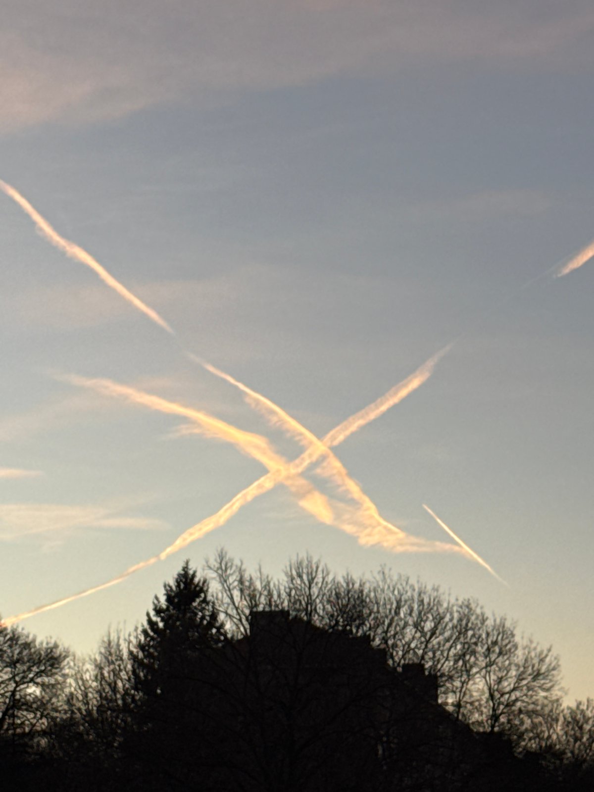 Intersecting contrails observed over Sofia, Bulgaria at 5:00 PM
