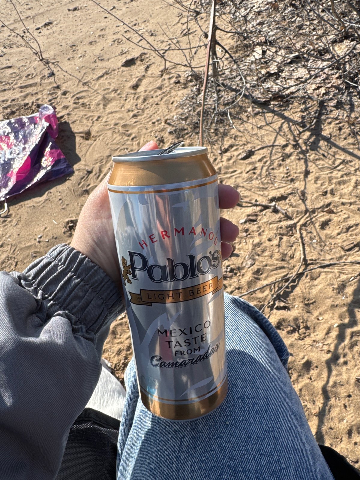 Person enjoys outdoor time with Chihuahua and beer near grill