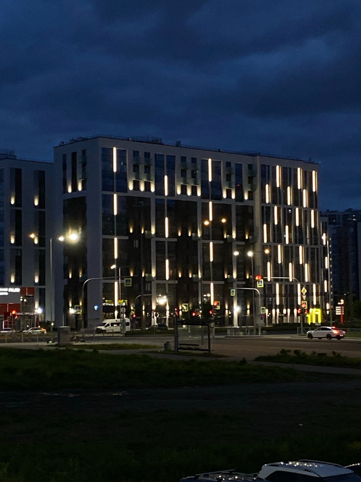 Illuminated building photographed at night in Saint Petersburg