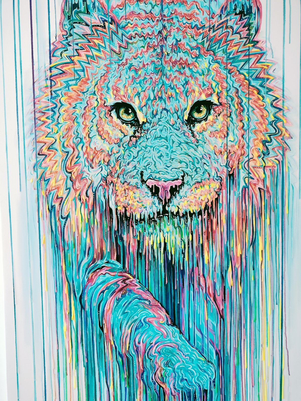 Lion painting and living room interior documented simultaneously
