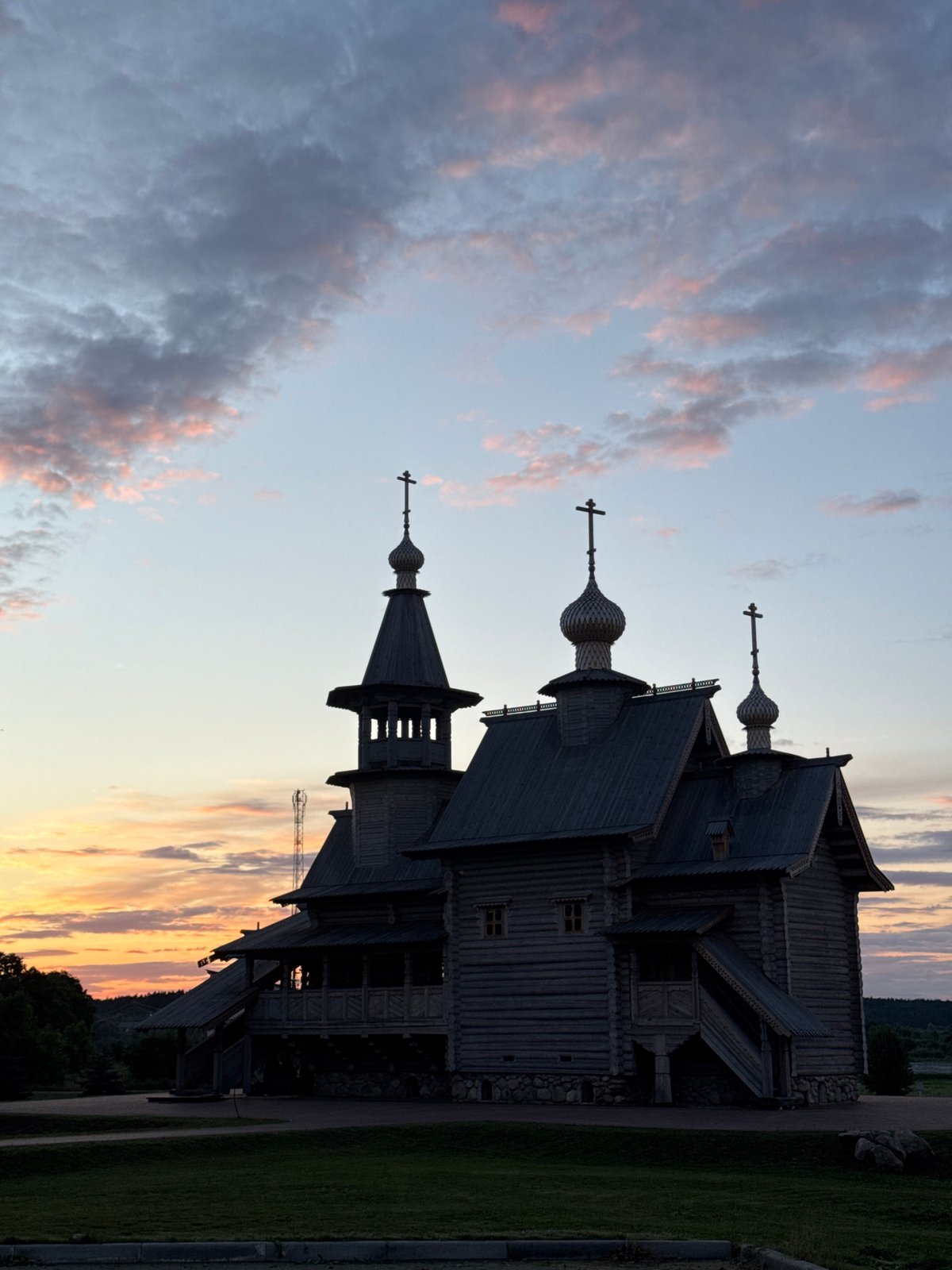 Wooden Orthodox church at sunset, rural Belarus