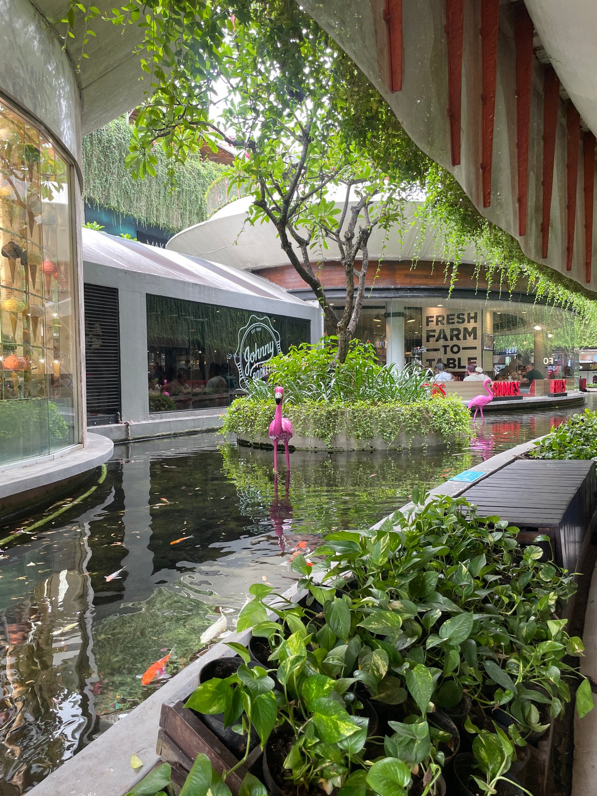 Early morning shoppers browse outdoor retail complex in Kuta