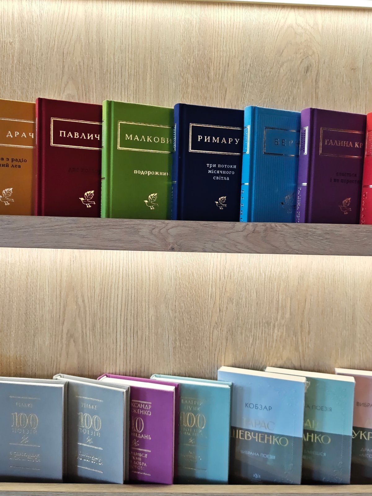 Inside a Kyiv bookstore-café, with a colorful umbrella street nearby