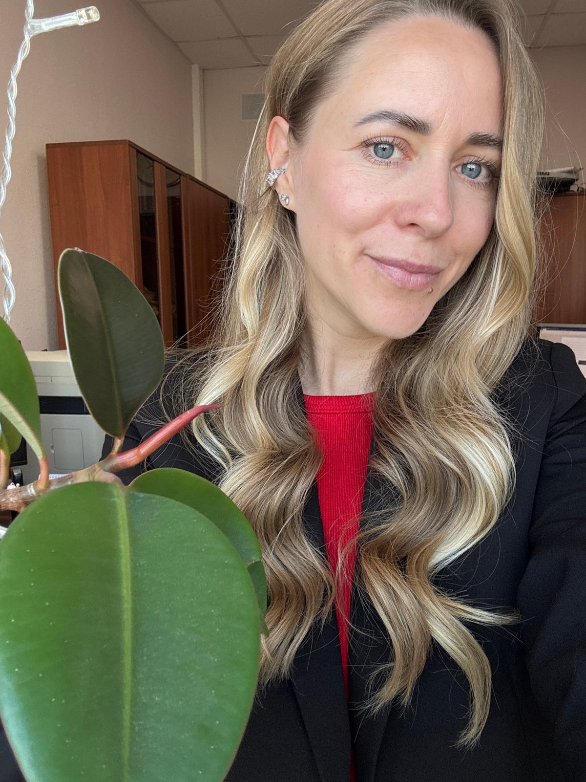 Casual selfie in Chaikovsky, Russia, red top and blazer