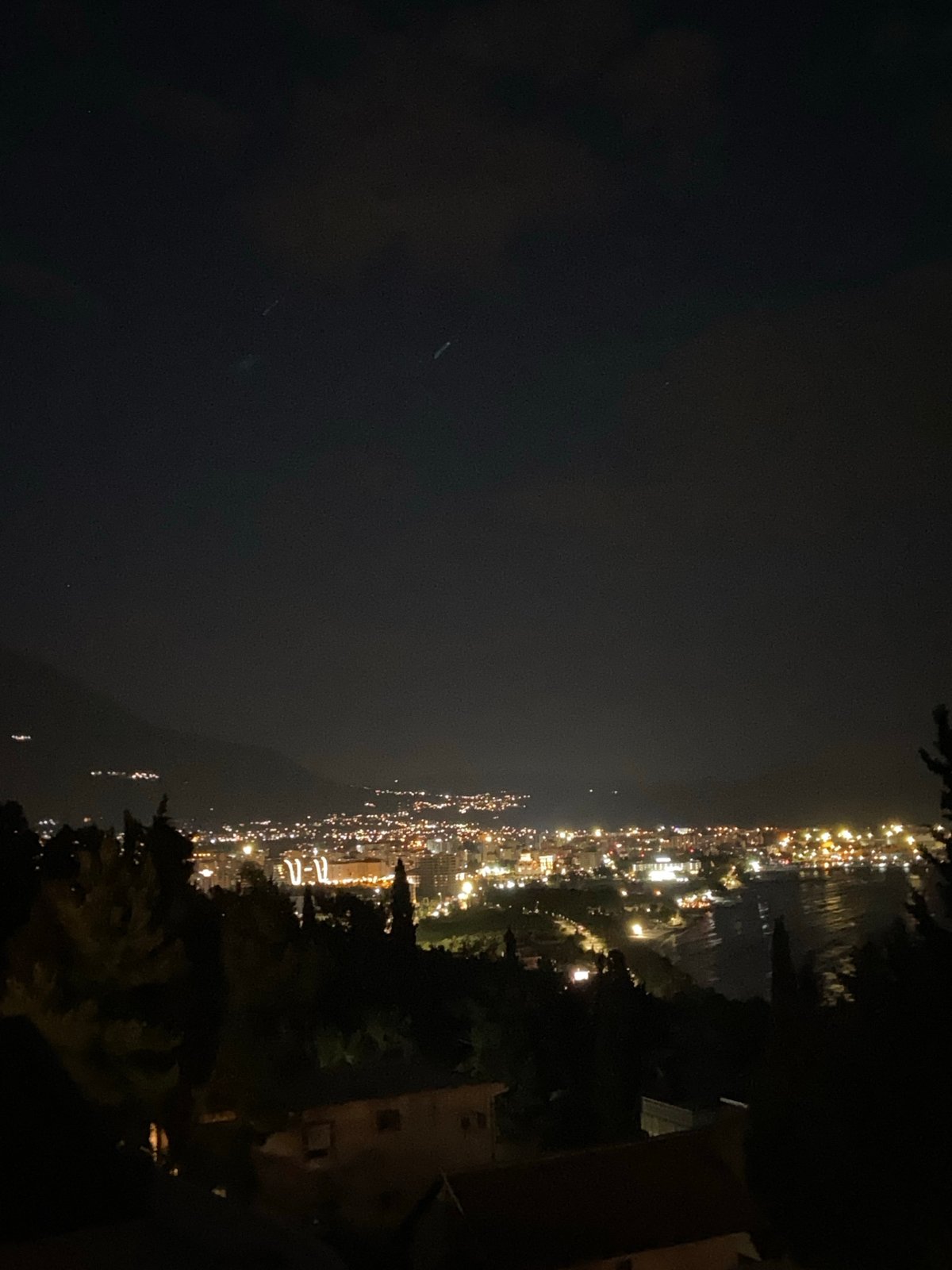 Night coastal view captured from elevated position in Montenegro