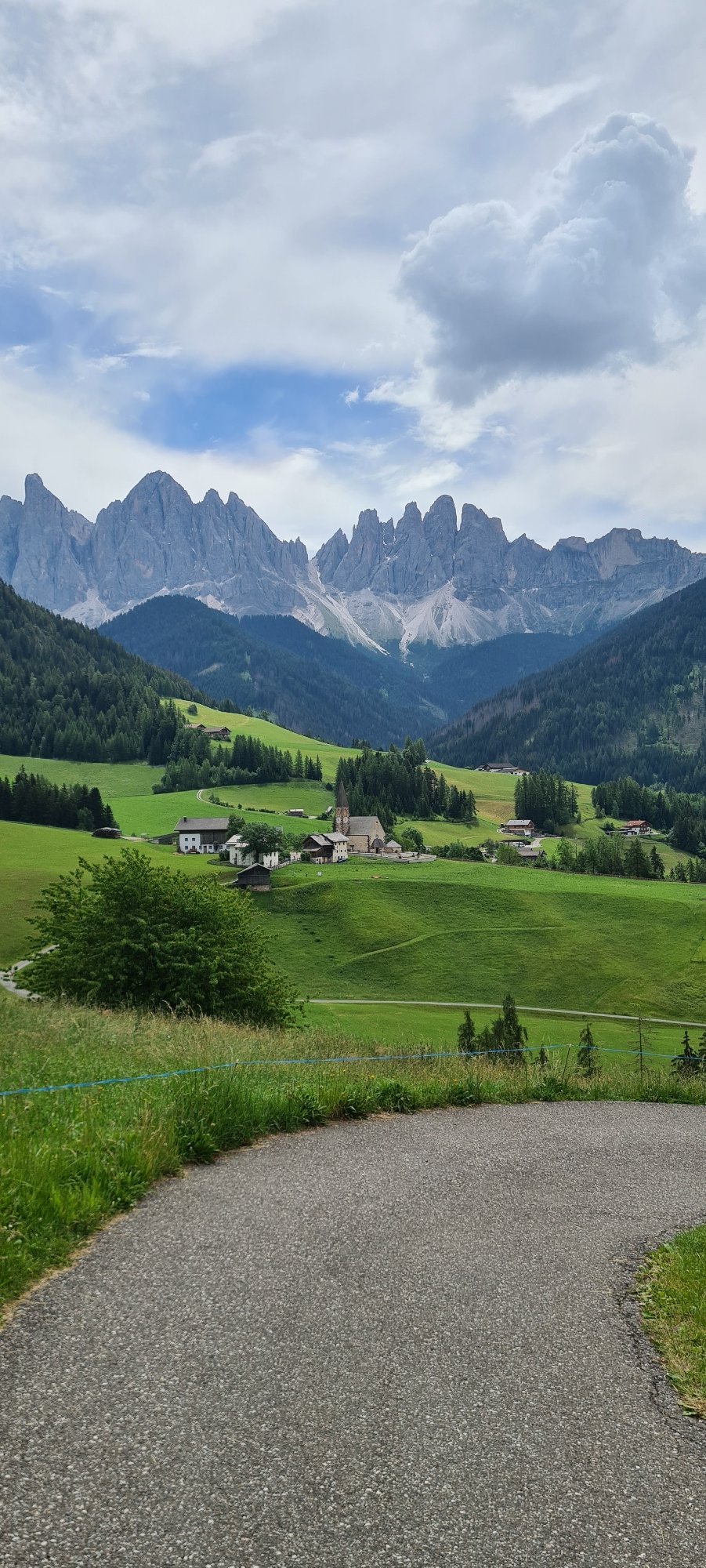 Morning views across St. Magdalena and the Dolomites, Val di Funes