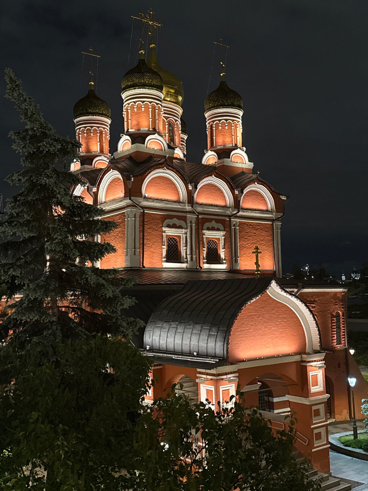 Domed cathedral photographed illuminated at night