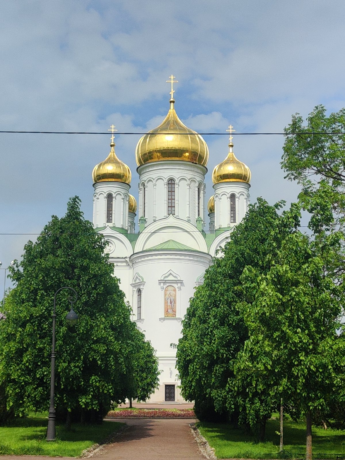 Catherine Cathedral photographed amid spring foliage in Pushkin, Russia