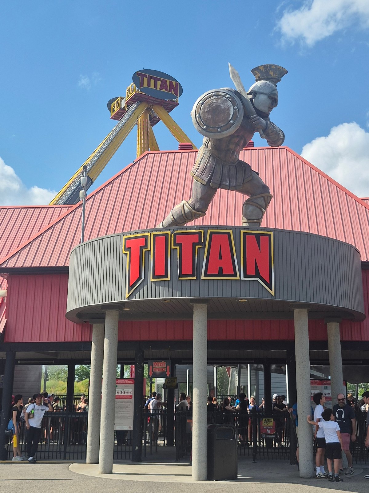 La Ronde's Titan ride and its gladiator entrance on a July evening