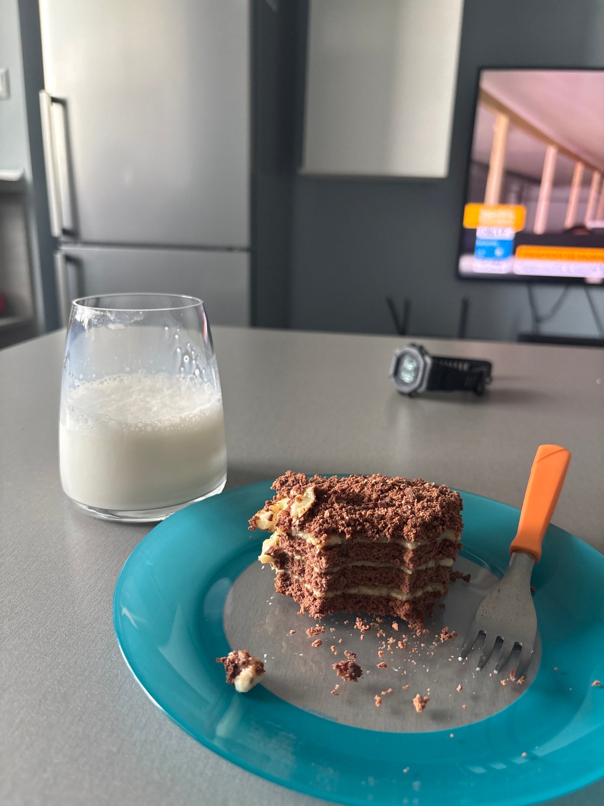Morning chocolate cake breakfast documented in Sofia apartment