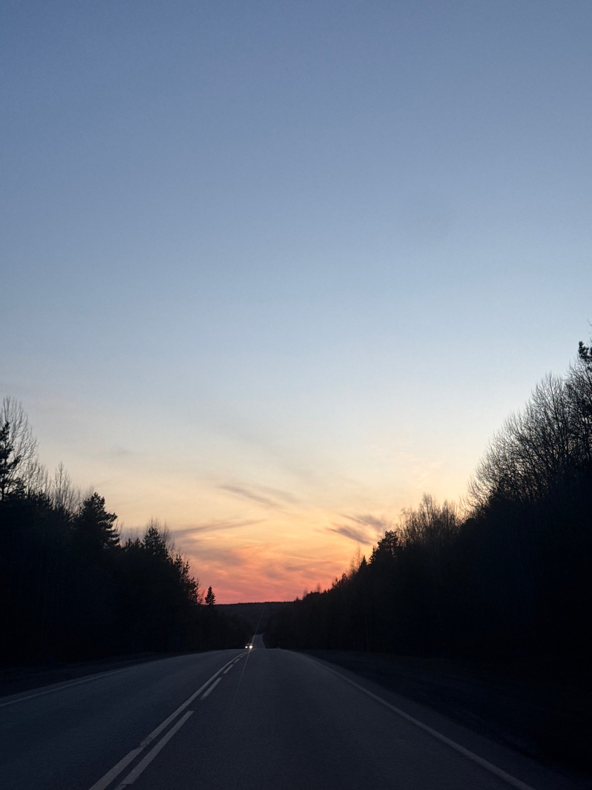 Highway through Russian forest captured during colorful twilight hours