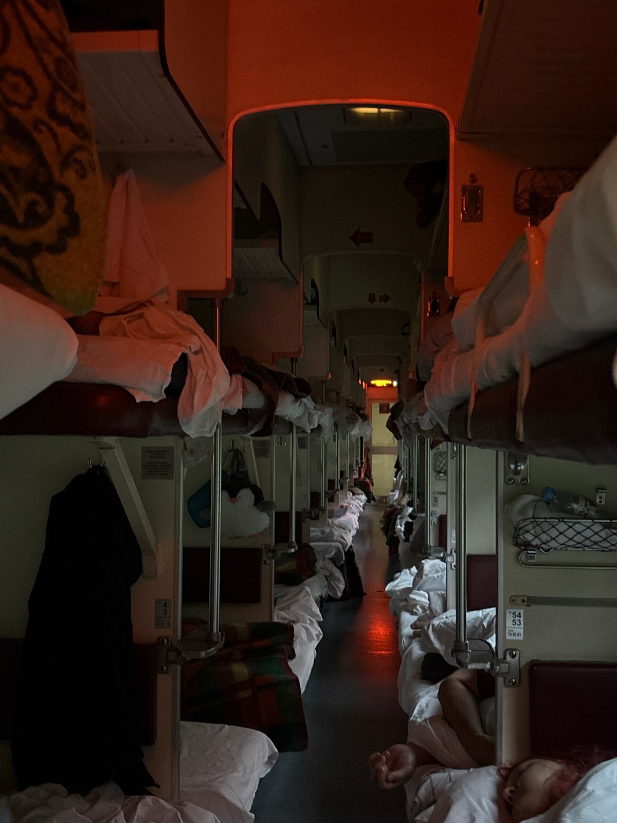 Sleeper train rolls through Russia at sunset