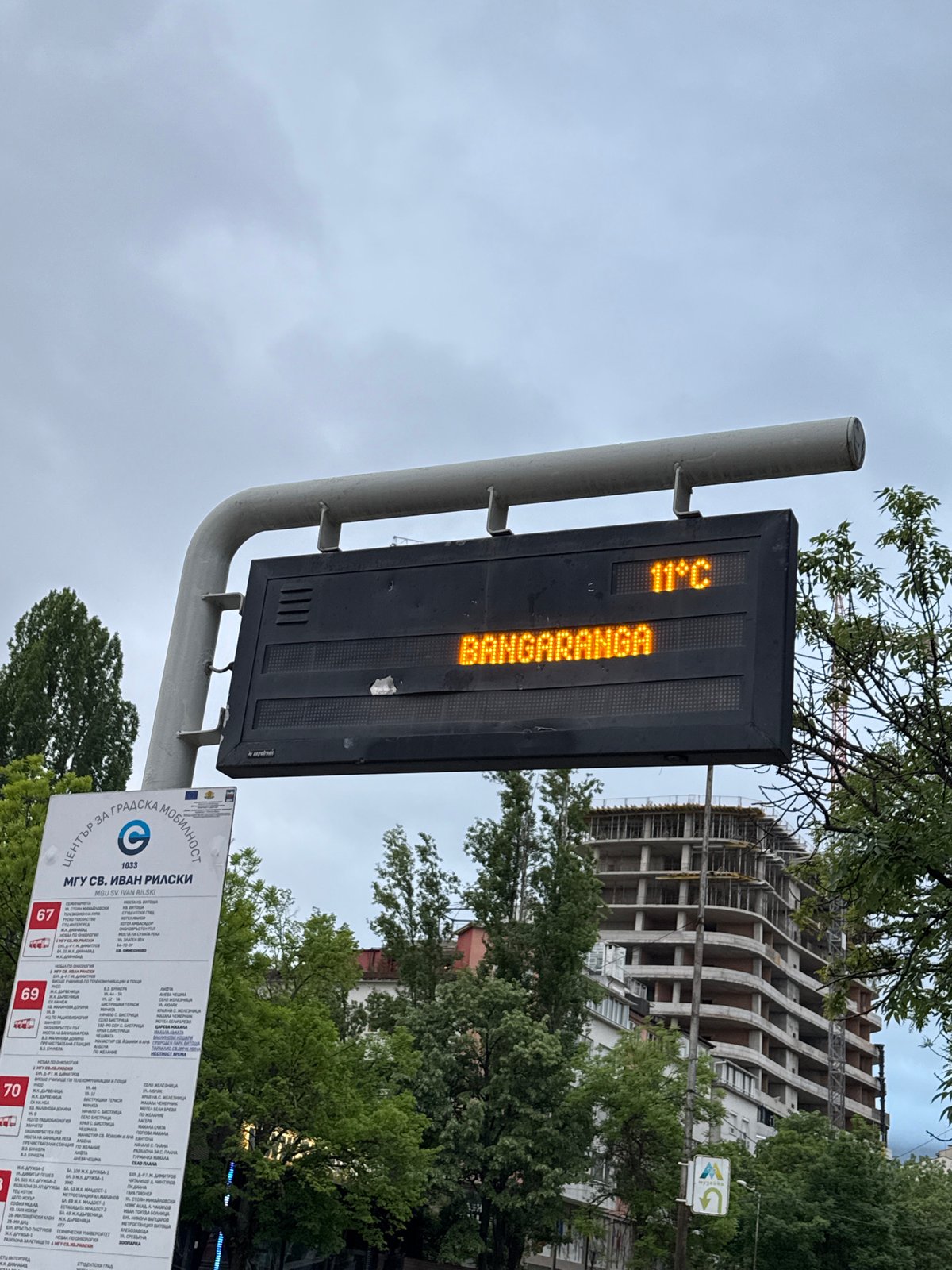 Sofia street sign displays 11°C temperature with "BANGARANGA" text